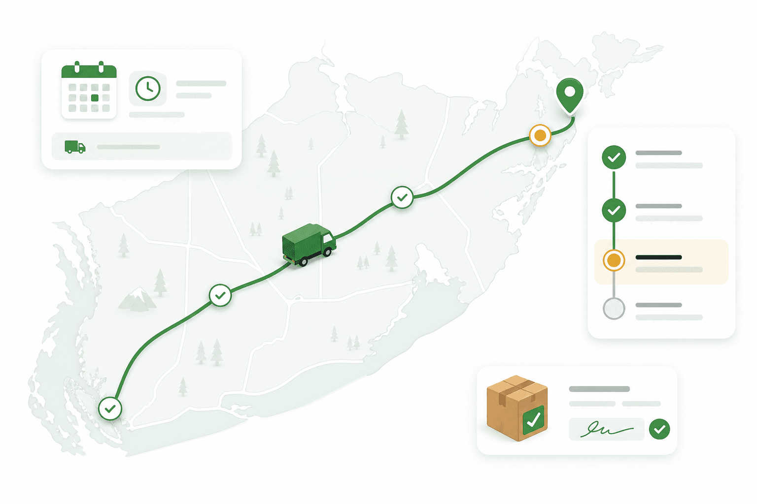 Illustration of a shipment route across Canada with live milestones and proof of delivery