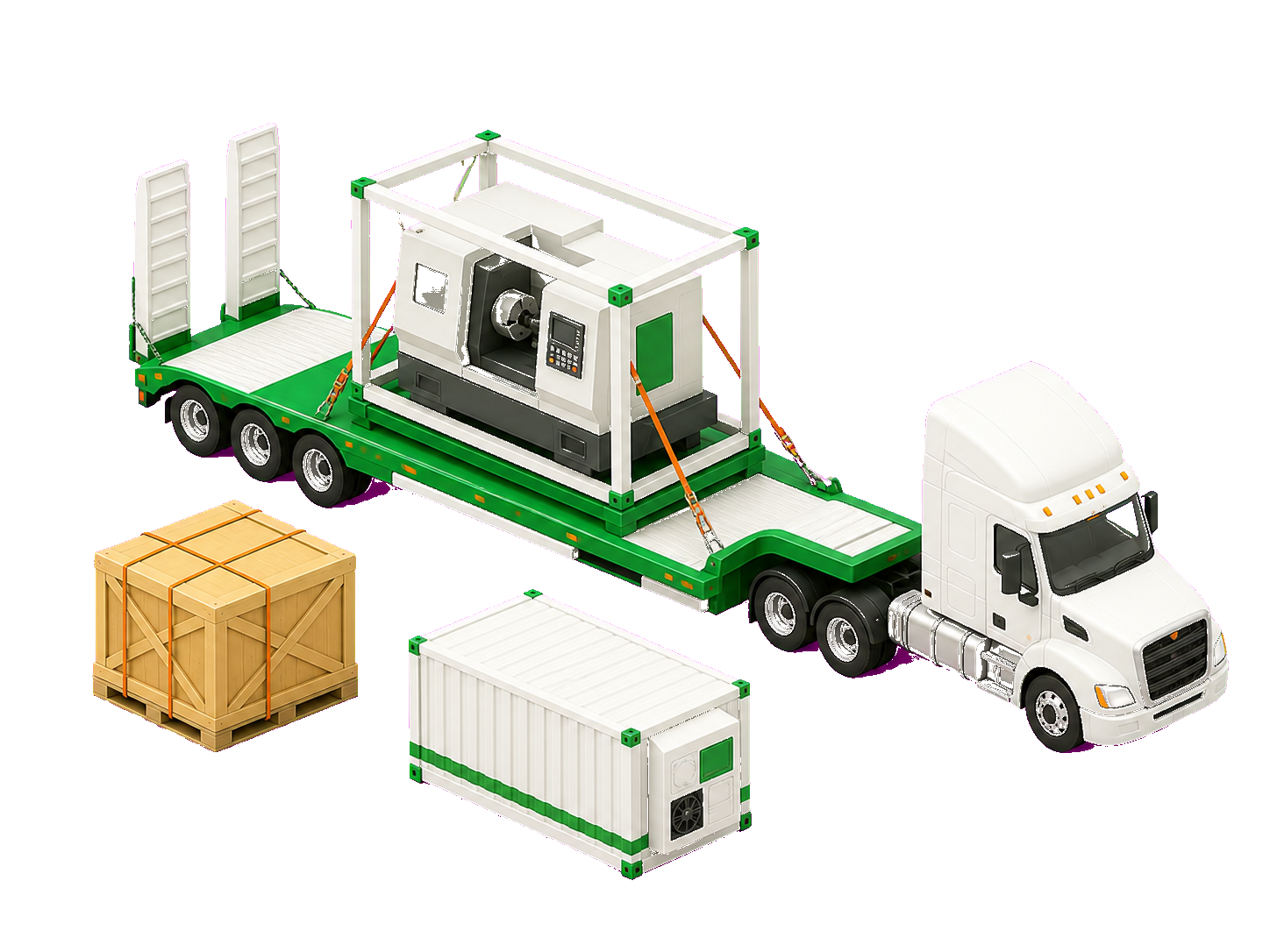 Specialty freight lowboy truck carrying protected machinery with a high-value crate and refrigerated cargo module